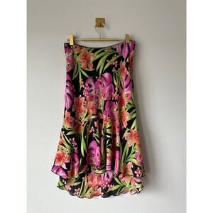 Vintage Y2K Tropical Floral Midi Skirt Pink Black Ruffle Hem Size M